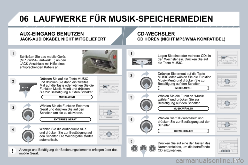 Peugeot 308 SW BL 2009.5  Betriebsanleitung (in German) 287
�3
�1
�2
�0�6
�1
�4
�2
�3
�5
�4
  Schließen Sie das mobile Gerät (MP3/WMA-Laufwerk…) an den JACK-Anschluss mit Hilfe eines entsprechenden Kabels an.  
  Drücken Sie auf die Taste MUSIC und dr