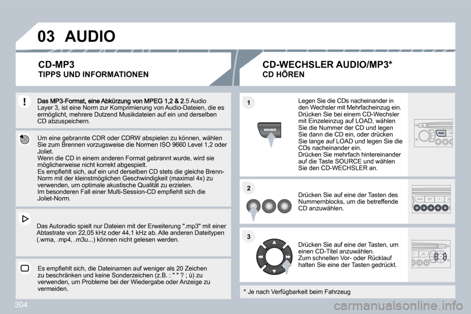 Peugeot 308 SW BL 2009.5  Betriebsanleitung (in German) 304
�0�3
�1�1
�2�2
�3�3
 & 2.5 Audio Layer 3, ist eine Norm zur Komprimierung von Audio-Dadio-Dateien, die es ermöglicht, mehrere Dutzend Musikdateien auf ein un d n und derselben CD abzuspeichern.  