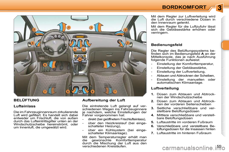 Peugeot 308 SW BL 2009.5  Betriebsanleitung (in German) 55
BORDKOMFORT
BELÜFTUNG   Aufbereitung der Luft  
 Die  eintretende  Luft  gelangt  auf  ver- 
schiedenen Wegen ins Fahrzeuginnere 
je  nachdem,  welche  Einstellungen  der 
Fahrer vorgenommen hat: 