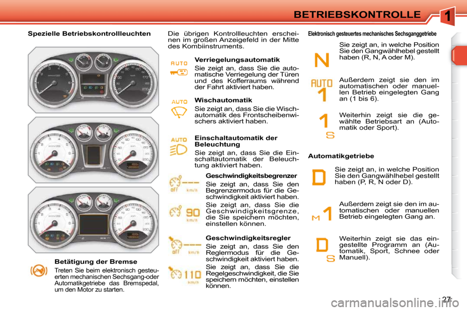 Peugeot 308 SW BL 2009.5  Betriebsanleitung (in German) 27
BETRIEBSKONTROLLE
   Betätigung der Bremse  
 
Treten  Sie  beim  elektronisch  gesteu- 
erten mechanischen Sechsgang-oder 
Automatikgetriebe  das  Bremspedal, 
um den Motor zu starten.   
� � � �