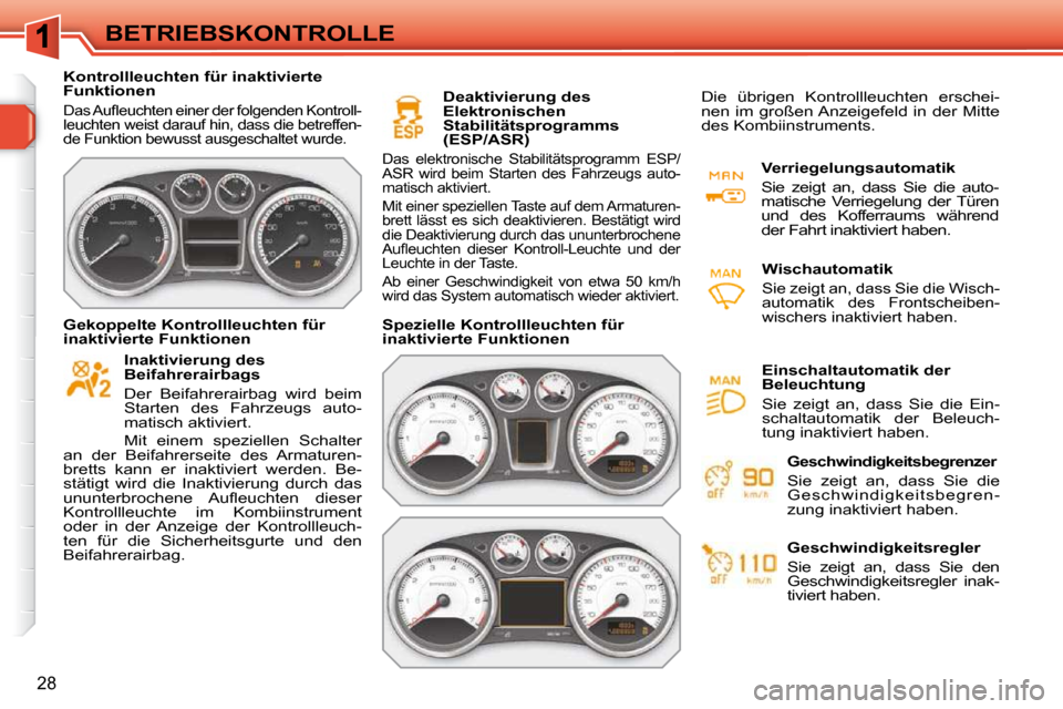 Peugeot 308 SW BL 2009.5  Betriebsanleitung (in German) 28
BETRIEBSKONTROLLE
   Kontrollleuchten für inaktivierte  
Funktionen  
 
�D�a�s� �A�u�ﬂ� �e�u�c�h�t�e�n� �e�i�n�e�r� �d�e�r� �f�o�l�g�e�n�d�e�n� �K�o�n�t�r�o�l�l�- 
leuchten weist darauf hin, das