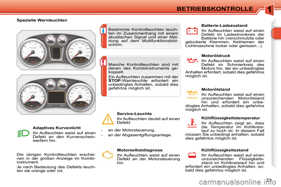 Peugeot 308 SW BL 2009.5  Betriebsanleitung (in German) i
!
31
BETRIEBSKONTROLLE
 Bestimmte  Kontrollleuchten  leuch- 
ten  im  Zusammenhang  mit  einem 
akustischen  Signal  und  einer  Mel-
dung  auf  dem  Multifunktionsbild-
schirm. 
� � � �S�p�e�z�i�e�