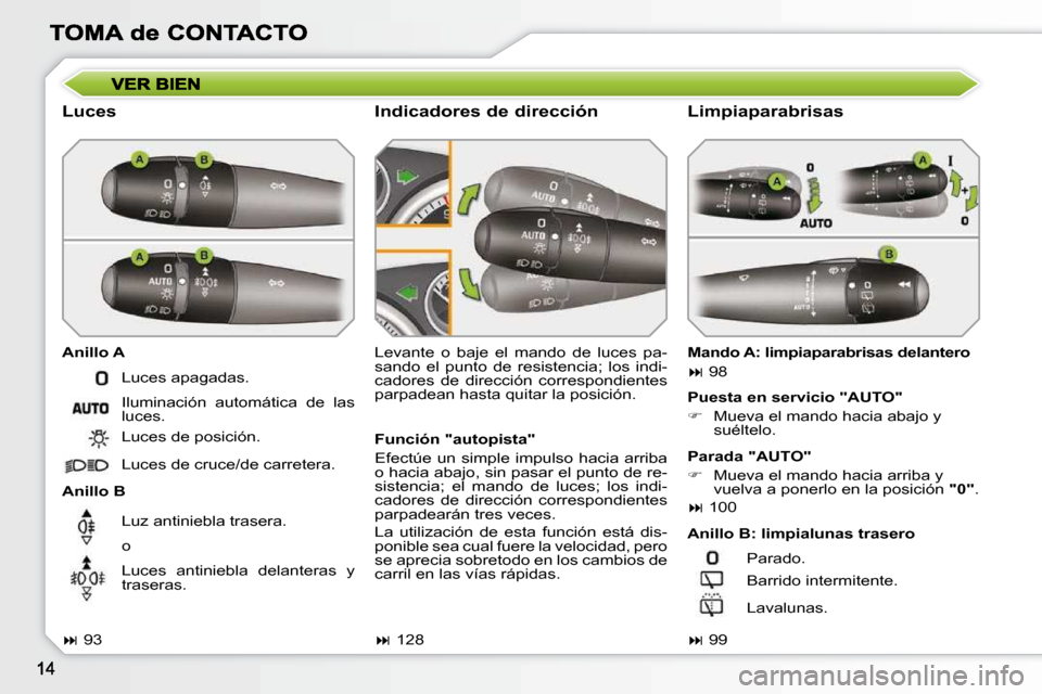 Peugeot 308 SW BL 2009.5  Manual del propietario (in Spanish)   Luces  
  Anillo A  
  Anillo B  Levante  o  baje  el  mando  de  luces  pa- 
sando  el  punto  de  resistencia;  los  indi-
cadores  de  dirección  correspondientes 
parpadean hasta quitar la posi