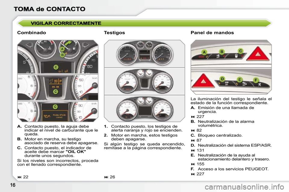 Peugeot 308 SW BL 2009.5  Manual del propietario (in Spanish)   Combinado   Panel de mandos 
   
A.    Contacto puesto, la aguja debe 
indicar el nivel de carburante que le  
queda. 
  
B.    Motor en marcha, su testigo 
asociado de reserva debe apagarse. 
  
C.