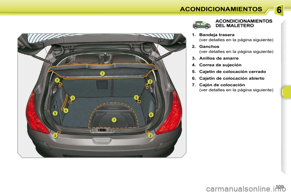 Peugeot 308 SW BL 2009.5  Manual del propietario (in Spanish) 109
ACONDICIONAMIENTOS
ACONDICIONAMIENTOS DEL MALETERO 
    
1.     Bandeja trasera    
  (ver detalles en la página siguiente)  
  
2.     Ganchos    
  (ver detalles en la página siguiente) 
  
3.
