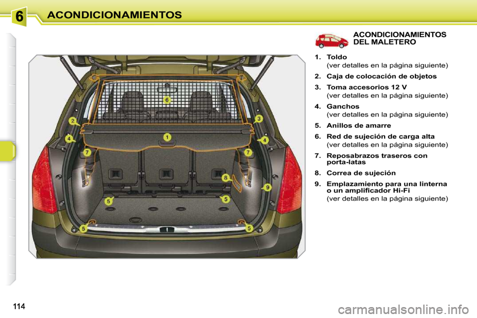 Peugeot 308 SW BL 2009.5  Manual del propietario (in Spanish) ACONDICIONAMIENTOS
ACONDICIONAMIENTOS DEL MALETERO 
   
1.     Toldo    
  (ver detalles en la página siguiente)  
  
2.     Caja de colocación de objetos   
  
3.     Toma accesorios 12 V    
  (ve