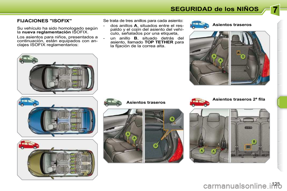 Peugeot 308 SW BL 2009.5  Manual del propietario (in Spanish) �1�2�3
SEGURIDAD de los NIÑOS
FIJACIONES "ISOFIX" 
 Su vehículo ha sido homologado según  
la  nueva reglamentación   ISOFIX. 
 Los asientos para niños, presentados a 
continuación,  están  equ