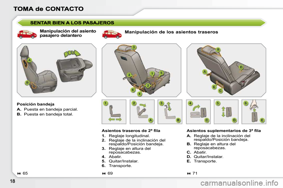 Peugeot 308 SW BL 2009.5  Manual del propietario (in Spanish)   Manipulación de los asientos traseros 
� � �A�s�i�e�n�t�o�s� �t�r�a�s�e�r�o�s� �d�e� �2�ª� �ﬁ� �l�a�  
   
1.    Reglaje longitudinal. 
  
2.    Reglaje de la inclinación del 
respaldo/Posició