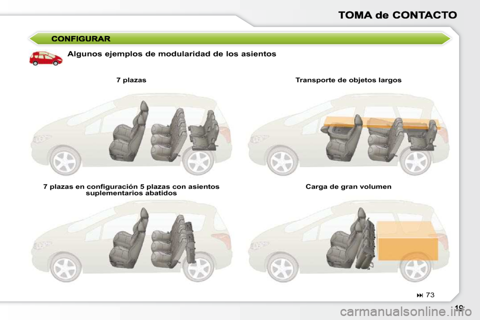 Peugeot 308 SW BL 2009.5  Manual del propietario (in Spanish)   Algunos ejemplos de modularidad de los asientos   7 plazas  
� � �7� �p�l�a�z�a�s� �e�n� �c�o�n�ﬁ� �g�u�r�a�c�i�ó�n� �5� �p�l�a�z�a�s� �c�o�n� �a�s�i�e�n�t�o�s�  suplementarios abatidos     Trans