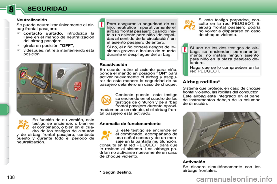 Peugeot 308 SW BL 2009.5 Manual del propietario (in Spanish) !
!
138
SEGURIDAD Si uno de los dos testigos de air-
bags se encienden permanente-
mente, no instale ningún asiento
para niño en la plaza pasajero de-
lantero.
Haga que se lo Peugeot 308 SW BL 2009.5 Manual del propietario (in Spanish) !
!
138
SEGURIDAD Si uno de los dos testigos de air-
bags se encienden permanente-
mente, no instale ningún asiento
para niño en la plaza pasajero de-
lantero.
Haga que se lo
