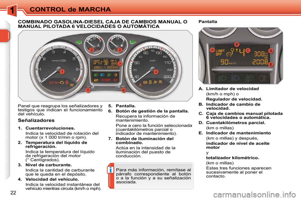 Peugeot 308 SW BL 2009.5  Manual del propietario (in Spanish) i
22
CONTROL de MARCHA
COMBINADO GASOLINA-DIESEL CAJA DE CAMBIOS MANUAL O MANUAL PILOTADA 6 VELOCIDADES O AUTOMÁTICA 
 Panel que reagrupa los señalizadores y  
testigos  que  indican  el  funcionami