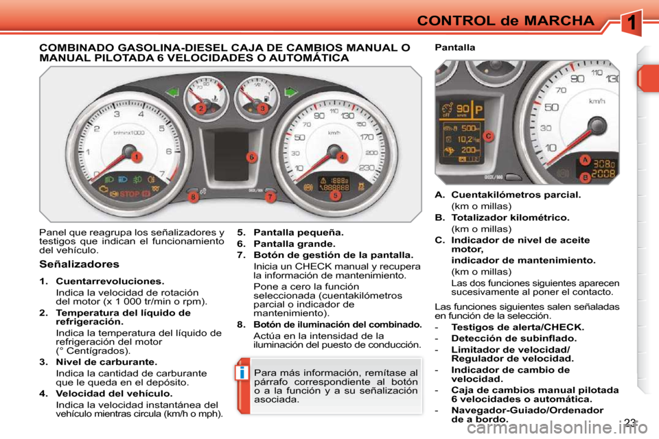 Peugeot 308 SW BL 2009.5  Manual del propietario (in Spanish) i
23
CONTROL de MARCHA
             COMBINADO GASOLINA-DIESEL CAJA DE CAMBIOS MANUAL O MANUAL PILOTADA 6 VELOCIDADES O AUTOMÁTICA 
 Panel que reagrupa los señalizadores y  
testigos  que  indican  e