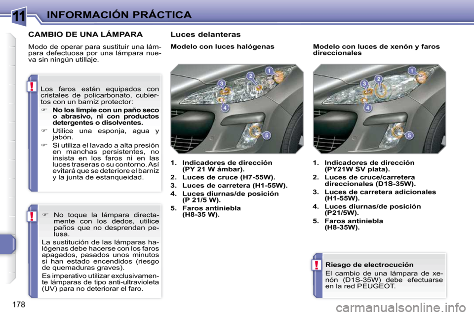 Peugeot 308 SW BL 2009.5  Manual del propietario (in Spanish) 11
!
!
!
178
INFORMACIÓN PRÁCTICA  Riesgo de electrocución  
 El  cambio  de  una  lámpara  de  xe- 
nón  (D1S-35W)  debe  efectuarse 
en la red PEUGEOT.   
CAMBIO DE UNA LÁMPARA 
 Modo de opera