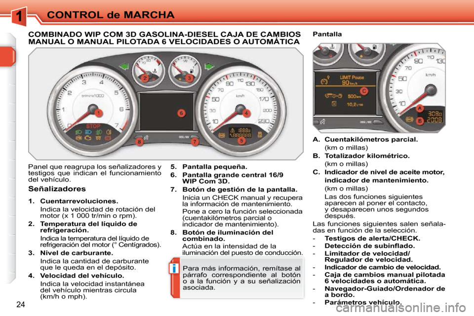 Peugeot 308 SW BL 2009.5  Manual del propietario (in Spanish) i
24
CONTROL de MARCHA
             COMBINADO WIP COM 3D GASOLINA-DIESEL CAJA DE CAMBIOS MANUAL O MANUAL PILOTADA 6 VELOCIDADES O AUTOMÁTICA 
  Señalizadores  
   
1.     Cuentarrevoluciones.    
  