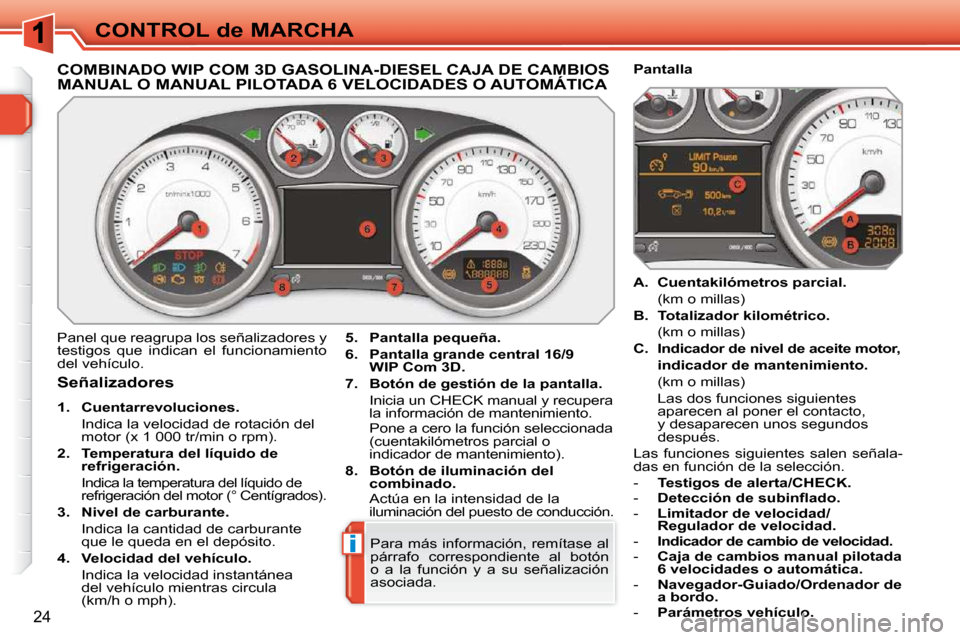 Peugeot 308 SW BL 2009.5 Manual del propietario (in Spanish) i
24
CONTROL de MARCHA
COMBINADO WIP COM 3D GASOLINA-DIESEL CAJA DE CAMBIOS MANUAL O MANUAL PILOTADA 6 VELOCIDADES O AUTOMÁTICA
Señalizadores
1. Cuentarrevoluciones.
Peugeot 308 SW BL 2009.5 Manual del propietario (in Spanish) i
24
CONTROL de MARCHA
COMBINADO WIP COM 3D GASOLINA-DIESEL CAJA DE CAMBIOS MANUAL O MANUAL PILOTADA 6 VELOCIDADES O AUTOMÁTICA
Señalizadores
1. Cuentarrevoluciones.