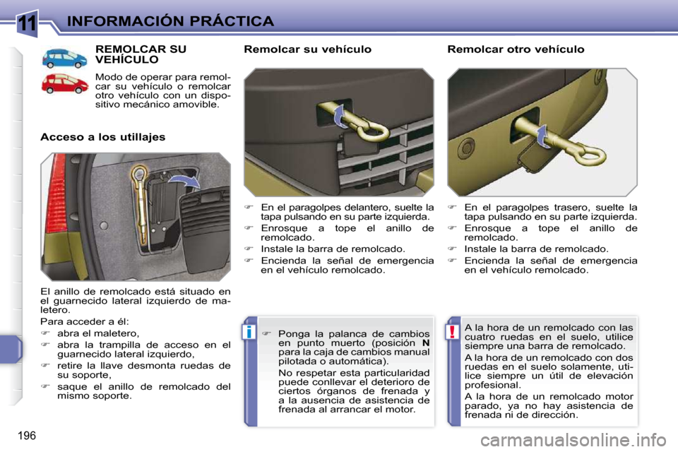 Peugeot 308 SW BL 2009.5  Manual del propietario (in Spanish) 11
!i
196
INFORMACIÓN PRÁCTICA
REMOLCAR SU VEHÍCULO 
 Modo de operar para remol- 
car  su  vehículo  o  remolcar 
otro  vehículo  con  un  dispo-
sitivo mecánico amovible. 
  Acceso a los utilla