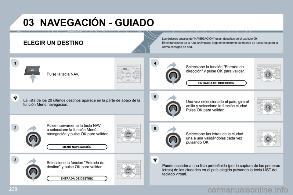 Peugeot 308 SW BL 2009.5  Manual del propietario (in Spanish) 238
NAV
�0�3
�1
�2
3
�6
�5
�4
� �N�A�V�E�G�A�C�I�Ó�N� �-� �G�U�I�A�D�O� 
ELEGIR UN DESTINO 
  Pulse nuevamente la tecla NAV o seleccione la función Menú navegación y pulse OK para validar. 
  Sele