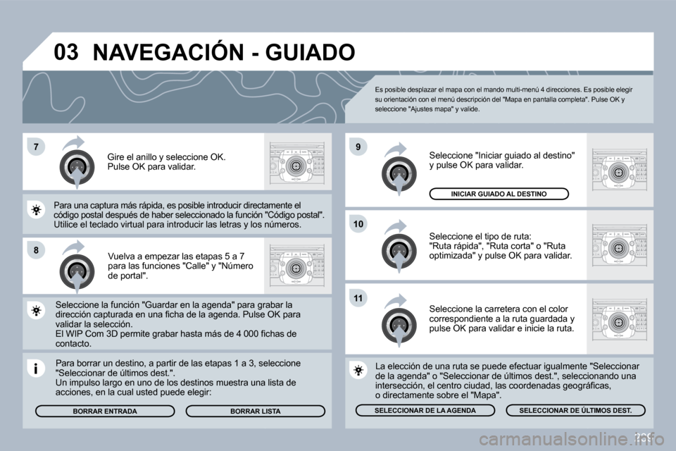 Peugeot 308 SW BL 2009.5  Manual del propietario (in Spanish) 239
�7
�8
�1�0
�9
�1�1
�0�3
  Vuelva a empezar las etapas 5 a 7 para las funciones "Calle" y "Número de portal".  
  Para borrar un destino, a partir de las etapas 1 a 3, sele 3, seleccione "Seleccio