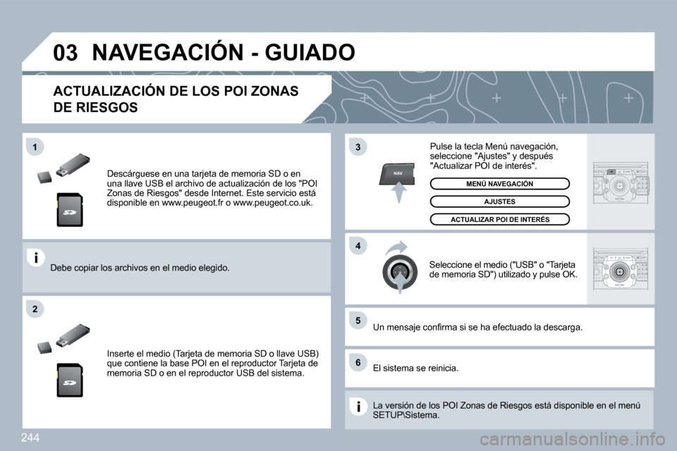 Peugeot 308 SW BL 2009.5  Manual del propietario (in Spanish) 244
�0�3
�5
�6
3
�4
�2
NAV
�1
  Descárguese en una tarjeta de memoria SD o en una llave USB el archivo de actualización de los "POI Zonas de Riesgos" desde Internet. Este servicio est á disponible 