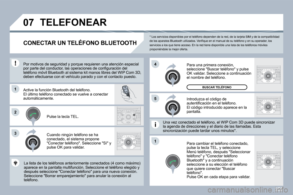 Peugeot 308 SW BL 2009.5  Manual del propietario (in Spanish) 255
�0�7
�1
3
�5
�4
�2
�1
  *   Los servicios disponibles por el teléfono dependen de la red, de la tarjeta SIM y de la compatib ilidad �d�e� �l�o�s� �a�p�a�r�a�t�o�s� �B�l�u�e�t�o�o�t�h� �u�t�i�l�i�