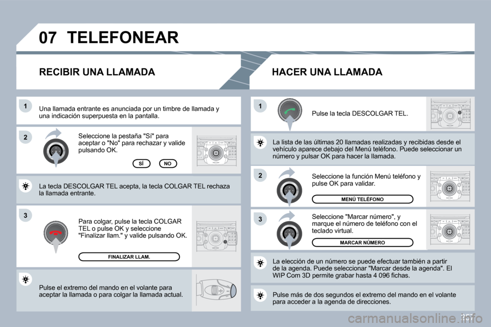 Peugeot 308 SW BL 2009.5  Manual del propietario (in Spanish) 257
3
�1�1
�2
3
�2
�0�7
 Pulse el extremo del mando en el volante para aceptar la llamada o para colgar la llamada actual.  
 Seleccione la pestaña "Sí" para aceptar o "No" para rechazar y valide pu
