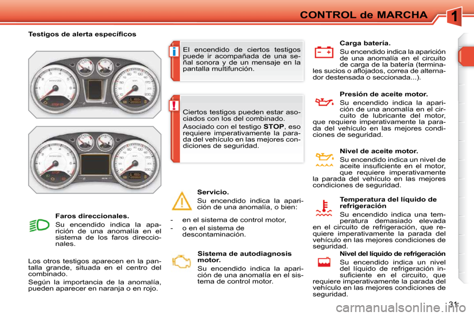 Peugeot 308 SW BL 2009.5  Manual del propietario (in Spanish) i
!
31
CONTROL de MARCHA
 El  encendido  de  ciertos  testigos  
puede  ir  acompañada  de  una  se-
ñal  sonora  y  de  un  mensaje  en  la 
pantalla multifunción. 
� � � �T�e�s�t�i�g�o�s� �d�e� �