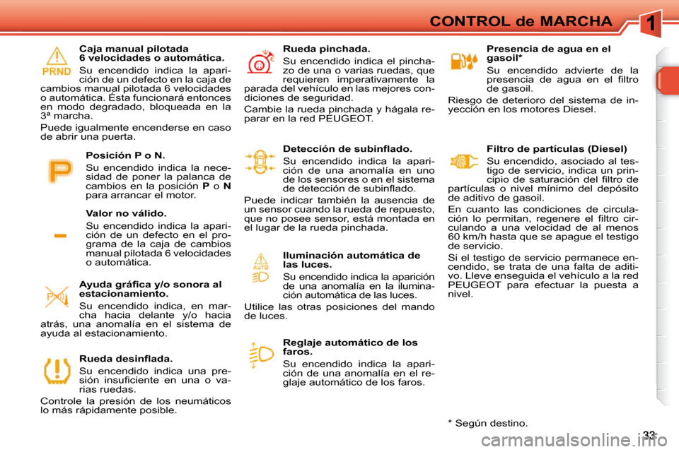 Peugeot 308 SW BL 2009.5  Manual del propietario (in Spanish) CONTROL de MARCHA   Presencia de agua en el  
gasoil *   
 Su  encendido  advierte  de  la  
�p�r�e�s�e�n�c�i�a�  �d�e�  �a�g�u�a�  �e�n�  �e�l�  �ﬁ� �l�t�r�o� 
de gasoil. 
 Riesgo  de  deterioro  d