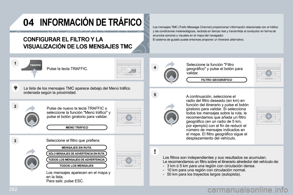 Peugeot 308 SW BL 2009.5  Manual del propietario (in Spanish) 282
�2
�1
�3 �4
�5
�0�4� �I�N�F�O�R�M�A�C�I�Ó�N� �D�E� �T�R�Á�F�I�C�O� 
�C�O�N�F�I�G�U�R�A�R� �E�L� �F�I�L�T�R�O� �Y� �L�A� 
�V�I�S�U�A�L�I�Z�A�C�I�Ó�N� �D�E� �L�O�S� �M�E�N�S�A�J�E�S� �T�M�C� 
  A