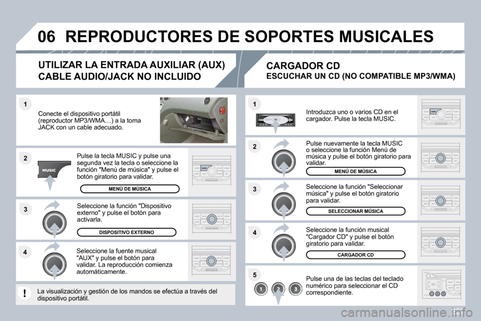 Peugeot 308 SW BL 2009.5  Manual del propietario (in Spanish) 287
�3
�1
�2
�0�6
�1
�4
�2
�3
�5
�4
  Conecte el dispositivo portátil (reproductor MP3/WMA…) a la toma JACK con un cable adecuado.  
  Pulse la tecla MUSIC y pulse una segunda vez la tecla o selecc