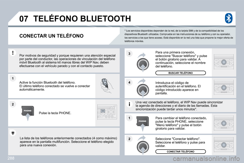 Peugeot 308 SW BL 2009.5  Manual del propietario (in Spanish) 288
�1
�2
�3
�2
�1
�4
�0�7
  *   Los servicios disponibles dependen de la red,
 de la tarjeta SIM y de la compatibilidad de los dispositivos Bluetooth utilizados. Compruebe en las  instrucciones de su