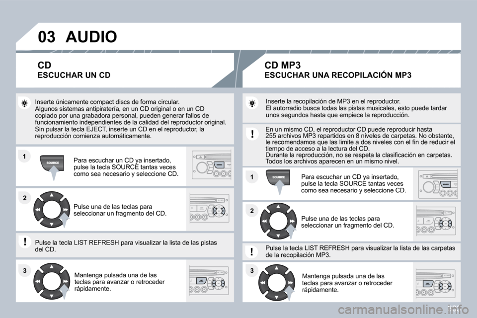 Peugeot 308 SW BL 2009.5  Manual del propietario (in Spanish) 303
�0�3
�1�1
�1�1
�2�2
�3�3�3�3
�2�2
� �A�U�D�I�O� 
 Inserte únicamente compact discs de forma circular.  Algunos sistemas antipiratería, en un CD original o en un CD copiado por una grabadora pers