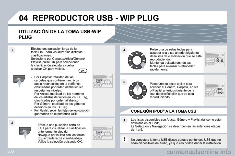 Peugeot 308 SW BL 2009.5  Manual del propietario (in Spanish) 306
�3�3
�4�4
�1�1
�5�5
�2�2
� �R�E�P�R�O�D�U�C�T�O�R� �U�S�B� �-� �W�I�P� �P�L�U�G� 
� � �U�T�I�L�I�Z�A�C�I�Ó�N� �D�E� �L�A� �T�O�M�A� �U�S�B�-�W�I�P� 
�P�L�U�G� 
  Efectúe una pulsación corta de 