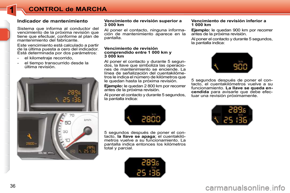 Peugeot 308 SW BL 2009.5 Manual del propietario (in Spanish) 36
CONTROL de MARCHA
Indicador de mantenimiento
Sistema que informa al conductor del
vencimiento de la próxima revisión que
tiene que efectuar, conforme al plan de
mantenimiento d Peugeot 308 SW BL 2009.5 Manual del propietario (in Spanish) 36
CONTROL de MARCHA
Indicador de mantenimiento
Sistema que informa al conductor del
vencimiento de la próxima revisión que
tiene que efectuar, conforme al plan de
mantenimiento d