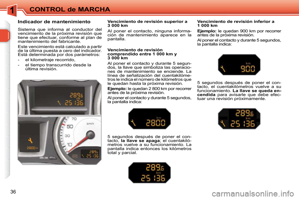 Peugeot 308 SW BL 2009.5  Manual del propietario (in Spanish) 36
CONTROL de MARCHA
       Indicador de mantenimiento  
 Sistema  que  informa  al  conductor  del  
vencimiento de la próxima revisión que 
tiene que efectuar, conforme al plan de 
mantenimiento d