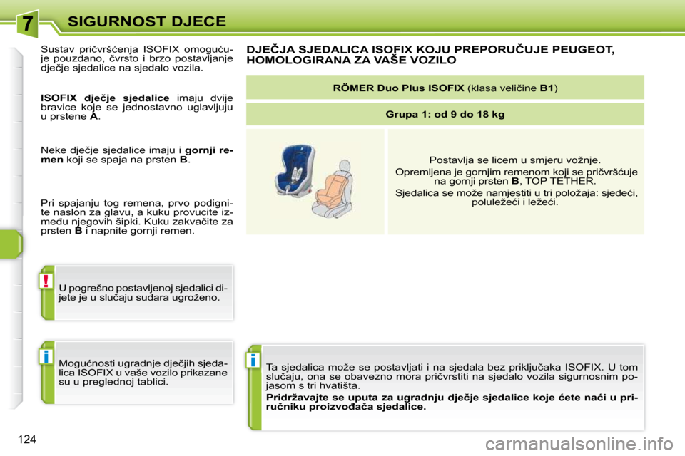 Peugeot 308 SW BL 2009.5  Vodič za korisnike (in Croatian) i
!
i
�1�2�4
SIGURNOST DJECE� �T�a�  �s�j�e�d�a�l�i�c�a�  �m�o�ž�e�  �s�e�  �p�o�s�t�a�v�l�j�a�t�i�  �i�  �n�a�  �s�j�e�d�a�l�a�  �b�e�z�  �p�r�i�k�l�j�u�č�a�k�a�  �I �S�O�F�I�X�.�  �U�  �t�o�m� 
�s