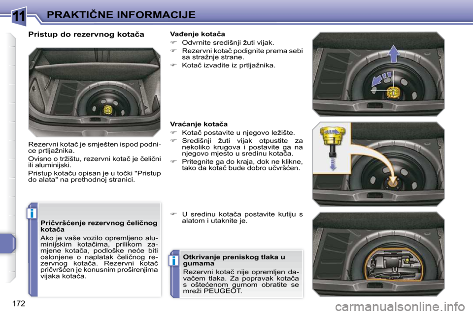 Peugeot 308 SW BL 2009.5  Vodič za korisnike (in Croatian) 11
i
i
�1�7�2
�P�R�A�K�T�I�Č�N�E� �I�N�F�O�R�M�A�C�I�J�E
� � �P�r�i�č�v�r�š�ć�e�n�j�e� �r�e�z�e�r�v�n�o�g� �č�e�l�i�č�n�o�g�  
�k�o�t�a�č�a�  
� �A�k�o� �j�e� �v�a�š�e� �v�o�z�i�l�o� �o�p�r�e�