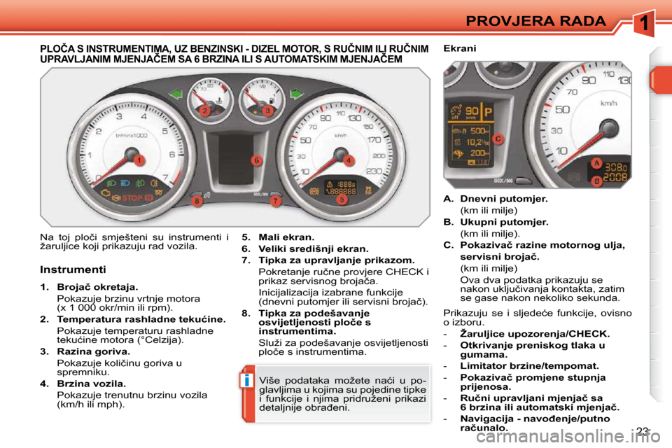 Peugeot 308 SW BL 2009.5  Vodič za korisnike (in Croatian) i
23
PROVJERA RADA
� � � � � � � � � � � � � �P�L�O�Č�A� �S� �I�N�S�T�R�U�M�E�N�T�I�M�A�,� �U�Z� �B�E�N�Z�I�N�S�K�I� �-� �D�I�Z�E�L� �M�O�T�O�R�,� �S� �R�U�Č�N�I�M� �I�L�I� �R�U�Č�N�I�M� �U�P�R�A�V