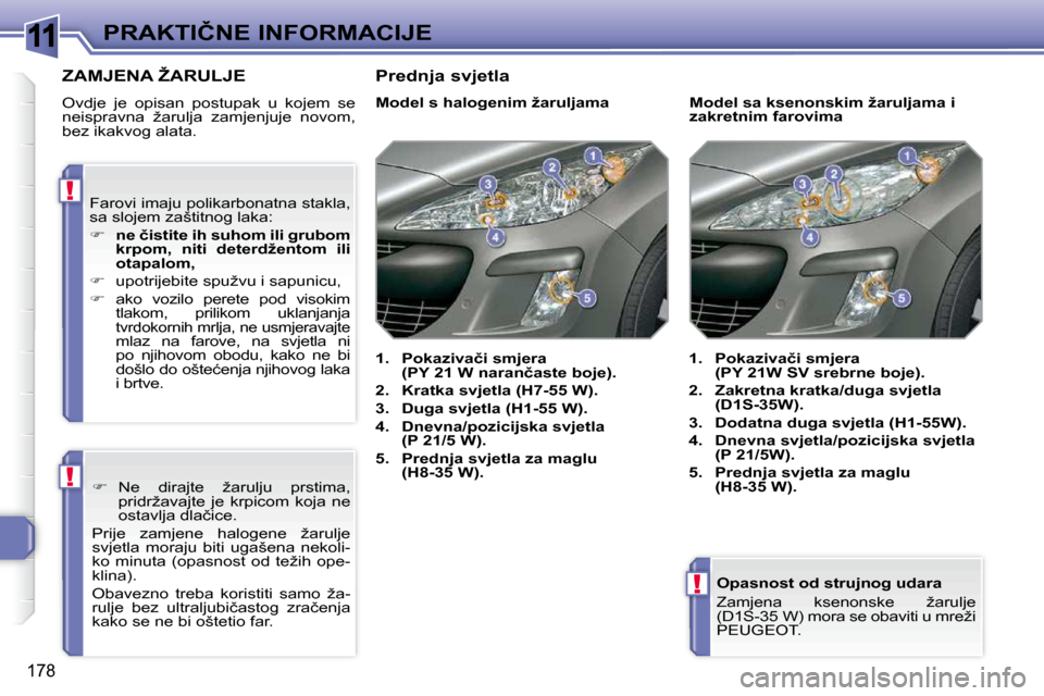 Peugeot 308 SW BL 2009.5  Vodič za korisnike (in Croatian) 11
!
!
!
178
�P�R�A�K�T�I�Č�N�E� �I�N�F�O�R�M�A�C�I�J�E� � �O�p�a�s�n�o�s�t� �o�d� �s�t�r�u�j�n�o�g� �u�d�a�r�a�  
� �Z�a�m�j�e�n�a�  �k�s�e�n�o�n�s�k�e�  �ž�a�r�u�l�j�e 
�(�D�1�S�-�3�5� �W�)� �m�o�