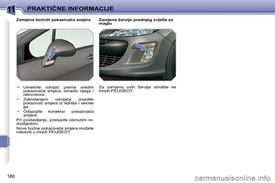Peugeot 308 SW BL 2009.5  Vodič za korisnike (in Croatian) 11
�1�8�0
�P�R�A�K�T�I�Č�N�E� �I�N�F�O�R�M�A�C�I�J�E� � � � � � � � �Z�a�m�j�e�n�a� �ž�a�r�u�l�j�e� �p�r�e�d�n�j�e�g� �s�v�j�e�t�l�a� �z�a�  
�m�a�g�l�u� 
   
� � �  �U�m�e�t�n�i�t�e�  �o�d�v�i�j