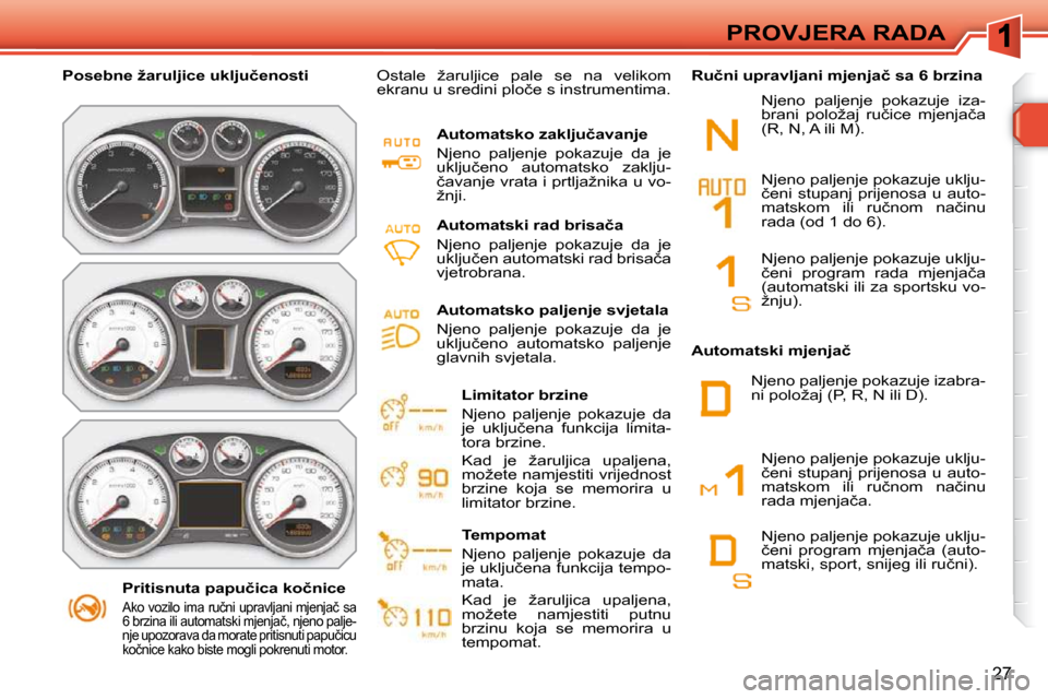 Peugeot 308 SW BL 2009.5  Vodič za korisnike (in Croatian) 27
PROVJERA RADA
� � � �P�r�i�t�i�s�n�u�t�a� �p�a�p�u�č�i�c�a� �k�o�č�n�i�c�e� 
� �A�k�o� �v�o�z�i�l�o� �i�m�a� �r�u�č�n�i� �u�p�r�a�v�l�j�a�n�i� �m�j�e�n�j�a�č� �s�a�  
�6� �b�r�z�i�n�a� �i�l�i� 