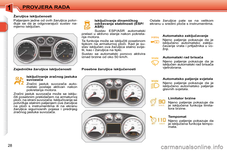 Peugeot 308 SW BL 2009.5  Vodič za korisnike (in Croatian) 28
PROVJERA RADA
� � � �Ž�a�r�u�l�j�i�c�e� �i�s�k�l�j�u�č�e�n�o�s�t�i�  
� �P�a�l�j�e�n�j�e�m� �j�e�d�n�e� �o�d� �o�v�i�h� �ž�a�r�u�l�j�i�c�a� �p�o�t�v�r�- 
�đ�u�j�e�  �s�e�  �d�a�  �j�e�  �o�d�g�