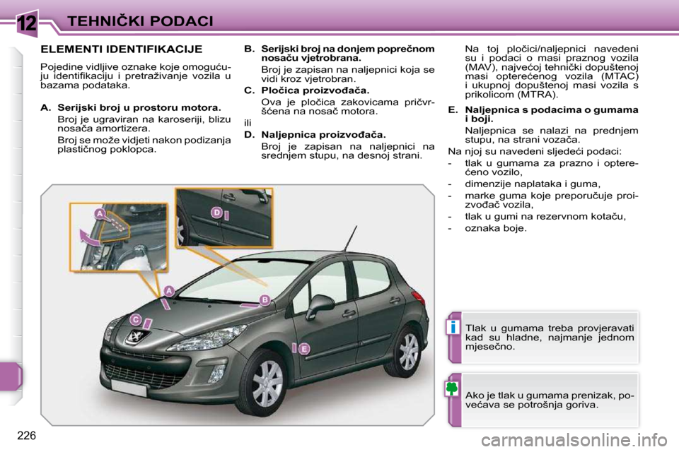 Peugeot 308 SW BL 2009.5  Vodič za korisnike (in Croatian) 12
i
226
�T�E�H�N�I�Č�K�I� �P�O�D�A�C�I
�E�L�E�M�E�N�T�I� �I�D�E�N�T�I�F�I�K�A�C�I�J�E� 
� �P�o�j�e�d�i�n�e� �v�i�d�l�j�i�v�e� �o�z�n�a�k�e� �k�o�j�e� �o�m�o�g�u�ć�u�- 
�j�u�  �i�d�e�n�t�i�ﬁ� �k�a