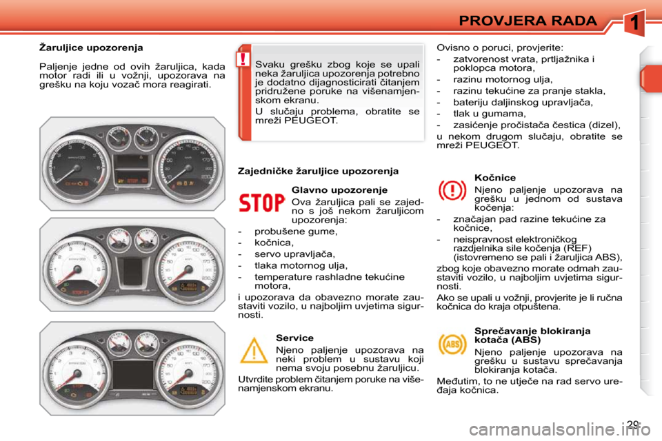 Peugeot 308 SW BL 2009.5  Vodič za korisnike (in Croatian) !
�2�9
PROVJERA RADA
� �P�a�l�j�e�n�j�e�  �j�e�d�n�e�  �o�d�  �o�v�i�h�  �ž�a�r�u�l�j�i�c�a�,�  �k�a�d�a�  
�m�o�t�o�r�  �r�a�d�i�  �i�l�i�  �u�  �v�o�ž�n�j�i�,�  �u�p�o�z�o�r�a�v�a�  �n�a� 
�g�r�e�