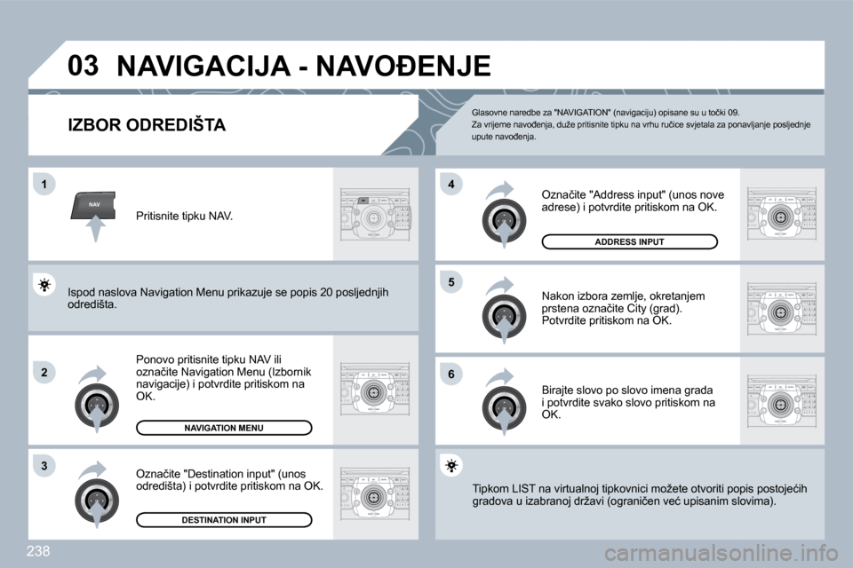 Peugeot 308 SW BL 2009.5  Vodič za korisnike (in Croatian) �2�3�8
NAV
�0�3
�1
�2
�3
�6
�5
�4
� �N�A�V�I�G�A�C�I�J�A� �-� �N�A�V�O�E�N�J�E� 
�I�Z�B�O�R� �O�D�R�E�D�I�Š�T�A� 
� � �P�o�n�o�v�o� �p�r�i�t�i�s�n�i�t�e� �t�i�p�k�u� �N�A�V� �i�l�i� �o�z�n�a�č�i�t