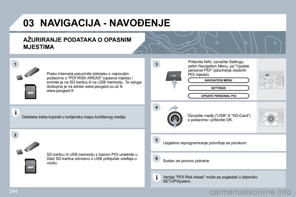 Peugeot 308 SW BL 2009.5  Vodič za korisnike (in Croatian) �2�4�4
�0�3
�5
�6
�3
�4
�2
NAV
�1
� � �P�r�e�k�o� �I�n�t�e�r�n�e�t�a� �p�r�e�u�z�m�i�t�e� �d�a�t�o�t�e�k�u� �s� �n�a�j�n�o�v�i�j�i�m� �p�o�d�a�c�i�m�a� �o� �"�P�O�I� �R�I�S�K� �A�R�E�A�S�"� �(�o�p�a�s