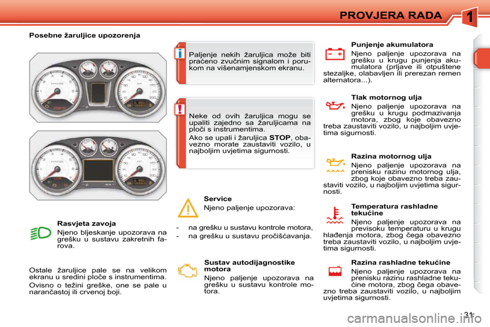 Peugeot 308 SW BL 2009.5  Vodič za korisnike (in Croatian) i
!
31
PROVJERA RADA
� �P�a�l�j�e�n�j�e�  �n�e�k�i�h�  �ž�a�r�u�l�j�i�c�a�  �m�o�ž�e�  �b�i�t�i�  
�p�r�a�ć�e�n�o�  �z�v�u�č�n�i�m�  �s�i�g�n�a�l�o�m�  �i�  �p�o�r�u�-
�k�o�m� �n�a� �v�i�š�e�n�a�