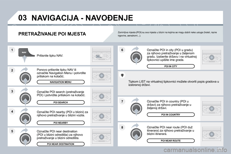 Peugeot 308 SW BL 2009.5  Vodič za korisnike (in Croatian) 279
�8
�6 
�7
�4
�3
�5
�2
�1
�0�3� �N�A�V�I�G�A�C�I�J�A� �-� �N�A�V�O�E�N�J�E� 
� � �P�R�E�T�R�A�Ž�I�V�A�N�J�E� �P�O�I� �M�J�E�S�T�A� 
� � �P�r�i�t�i�s�n�i�t�e� �t�i�p�k�u� �N�A�V�.� � 
� � �P�o�n�