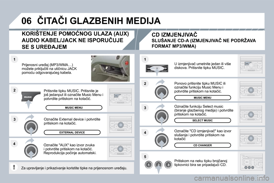 Peugeot 308 SW BL 2009.5  Vodič za korisnike (in Croatian) 287
�3
�1
�2
�0�6
�1
�4
�2
�3
�5
�4
� � �P�r�i�j�e�n�o�s�n�i� �u�r�e�đ�a�j� �(�M�P�3�/�W�M�A�…�)� �m�o�ž�e�t�e� �p�r�i�k�l�j�u�č�i�t�i� �n�a� �u�t�i�č�n�i�c�u� �J�A�C�K� �p�o�m�o�ć�u� �o�d�g�o�