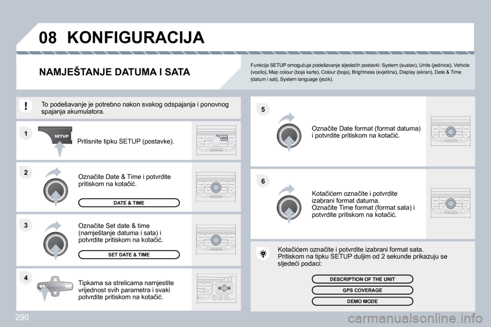 Peugeot 308 SW BL 2009.5  Vodič za korisnike (in Croatian) �2�9�0
�4
�3
�2
�1
�6
�5
�0�8� �K�O�N�F�I�G�U�R�A�C�I�J�A� 
�N�A�M�J�E�Š�T�A�N�J�E� �D�A�T�U�M�A� �I� �S�A�T�A� 
� � �F�u�n�k�c�i�j�a� �S�E�T�U�P� �o�m�o�g�u�ć�u�j�e� �p�o�d�e�š�a�v�a�n�j�e� �s�l�j