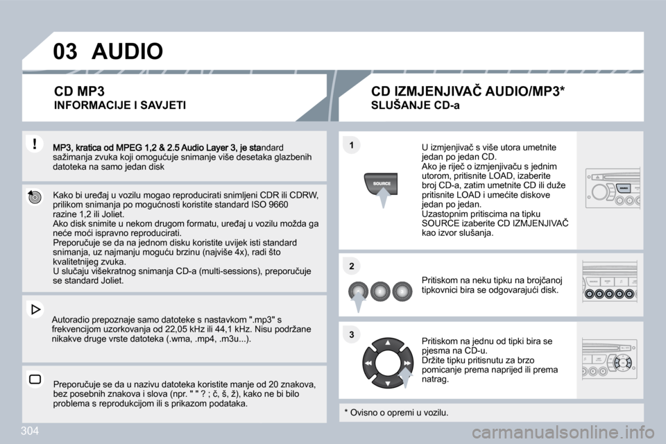 Peugeot 308 SW BL 2009.5  Vodič za korisnike (in Croatian) �3�0�4
�0�3
�1�1
�2�2
�3�3
� �M�P�3�,� �k�r�a�t�i�c�a� �o�d� �M�P�E�G� �1�,�2� �&� �2�.�5� �A�u�d�i�o� �L�a�y�e�r� �3�,� �j�e� �s�t�a�n�d�a�r�d� �s�a�ž�i�m�a�n�j�a� �z�v�u�k�a� �k�o�j�i� �o�m�o�g�u�